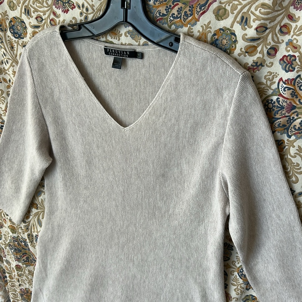 Peruvian Connection Oatmeal Pima Cotton‎ V-neck Swing Tunic 3/4 Sleeve Knit M